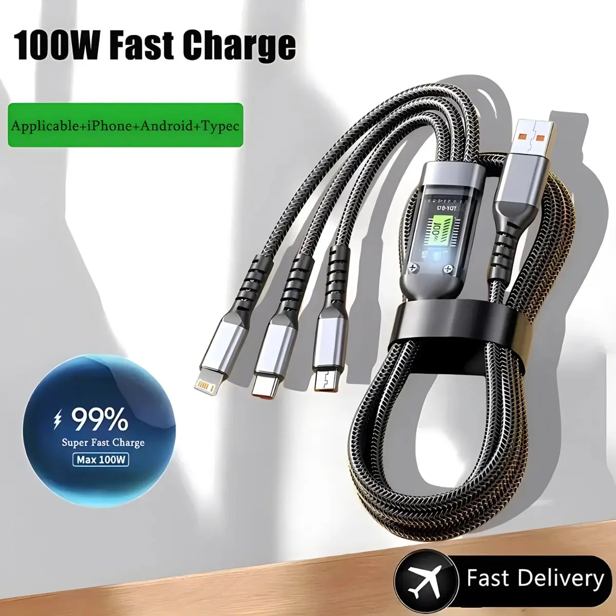 100W 5A Fast Charging 3-in-1 USB To Type-C Micro Fast Charger Cable For iPhone 14 13 Samsung Xiaomi Huawei iPhone 14 13 Electronic Cellphone