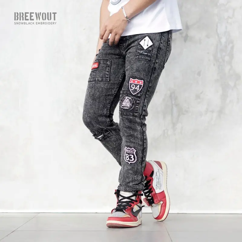 Celana jeans streatch emblem bordir panjang pria 2