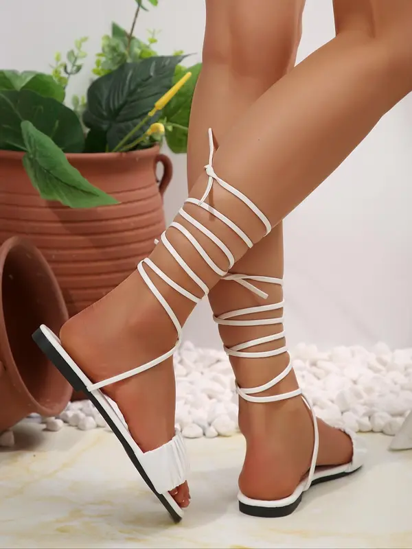 Women's Fashionable Plain Color Tie Up Sandals, Casual Versatile Flat Sandals for Beach Vacation, All-match Commuter Shoes for Work & Daily Wear, Summer 4