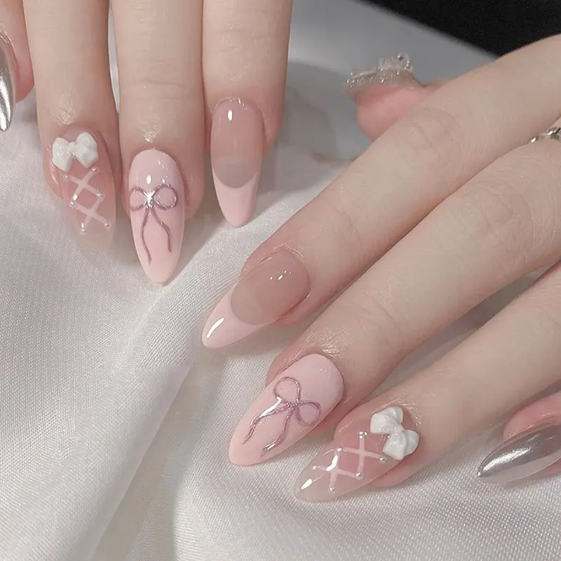 Nail Stickers Sweet Pink Fake Nails Bow Detachable Solid Color Ins Style Wear Nail French Manicure