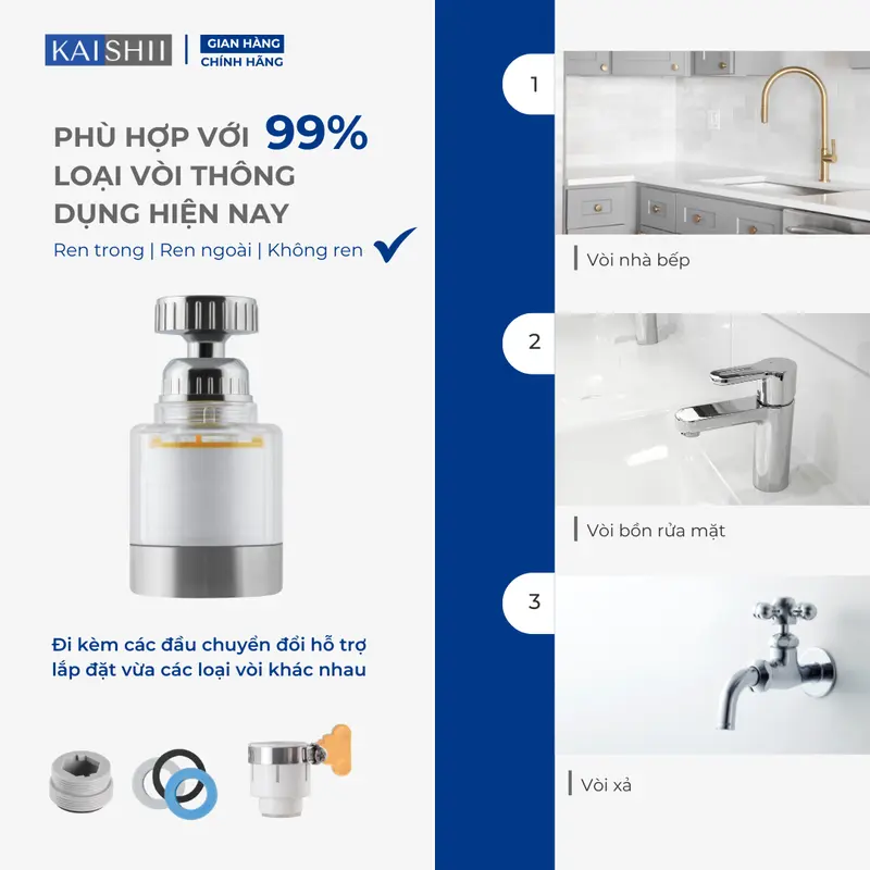 Bộ lọc nước Kaishii , Đầu lọc nước tại vòi tăng áp - xoay 360 mã KS02 1