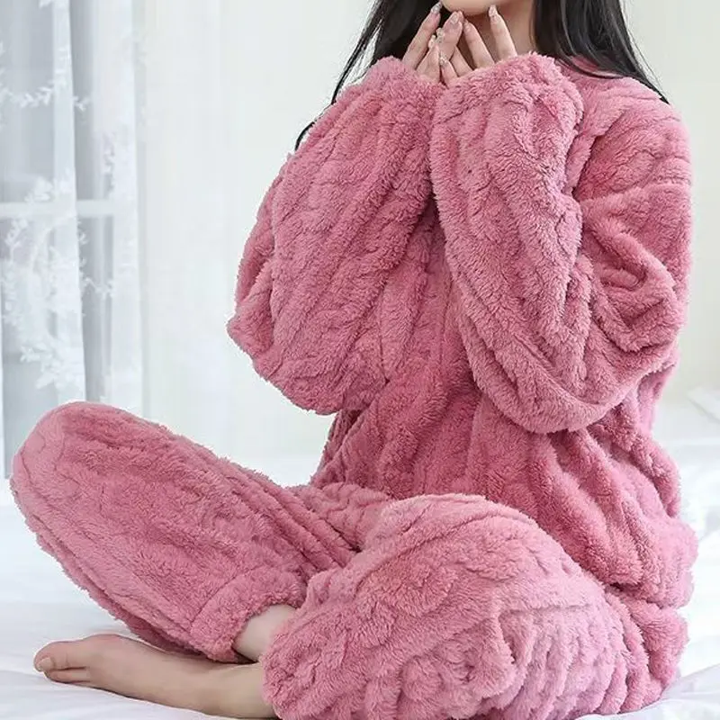 Bộ Đồ Ngủ Nữ, Lót Lông Cừu, Chất Liệu Lông Cừu San Hô Dày, Thích Hợp Cho Mùa Xuân, Mùa Thu Và Mùa Đông, Hàng Mới Về Năm 2024, Bộ Đồ Mặc Nhà Hai Mảnh Áo Women