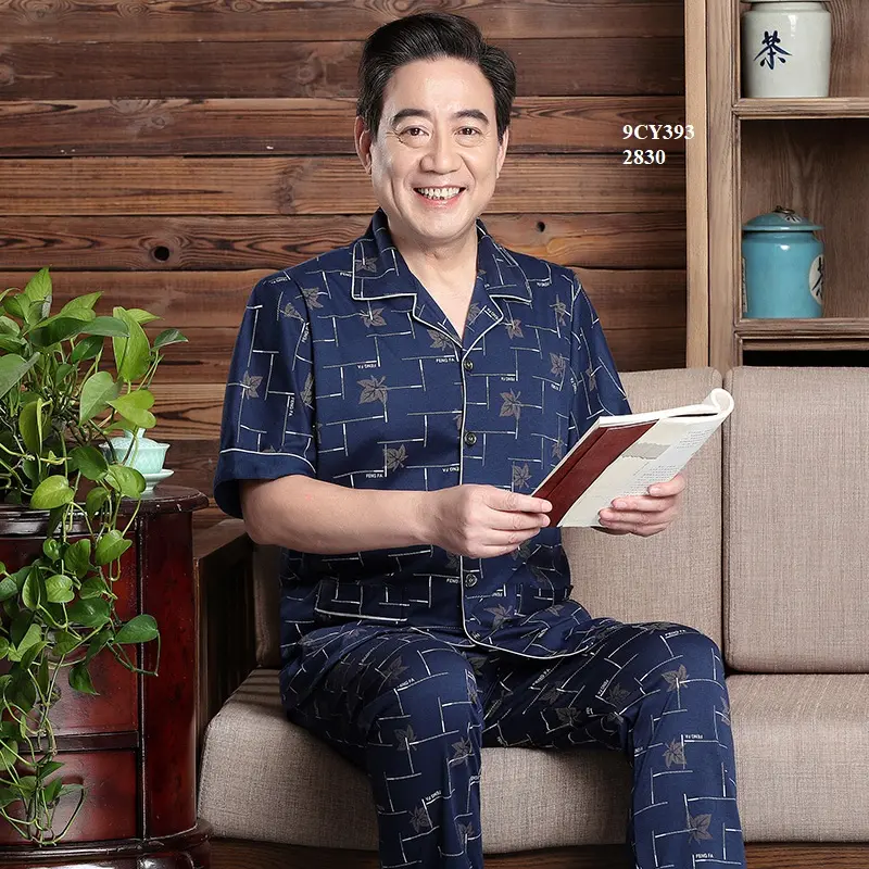 Bộ pyjama nam ngắn tay sọc caro vải cotton mềm mại dành cho người trung tuổi 9CY393