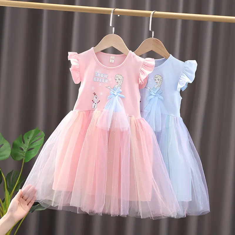 Summer Girls' Frozen Dress  Children's Fluffy Tutu Dress  Short Sleeve Anna Princess Elsa Dress Pink and Blue For Choice