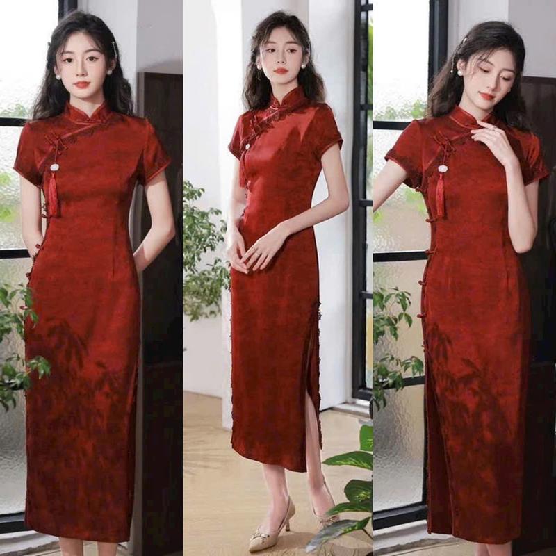 Đầm Nữ Sườn Xám Cổ Tàu Cài Nút Mây Phối Ren Sang Chảnh Nữ Tính Dịu Dàng Thanh Lịch Sang Trọng Dễ Thương Women Dress Voan Màu Trắng Voi Đỏ Viền Ren