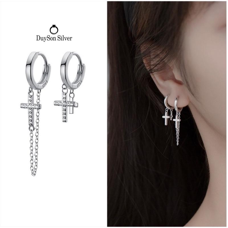 Khuyên tai bạc Ý 925 nữ hình thánh giá dáng rơi Duyson silver, bông tai nữ bạc 925 cá tính (Giá bán/1 đôi)