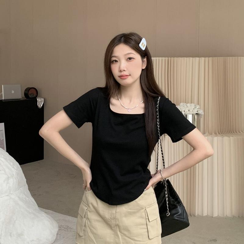 Product Introduction of [2098 Favorites] Regular Shoulder Short Sleeve T-Shirt for Women, Square Neck Top, Summer Plus Size, Regular Shoulder, Tummy Concealing, Slimming, Curved Design Top 15