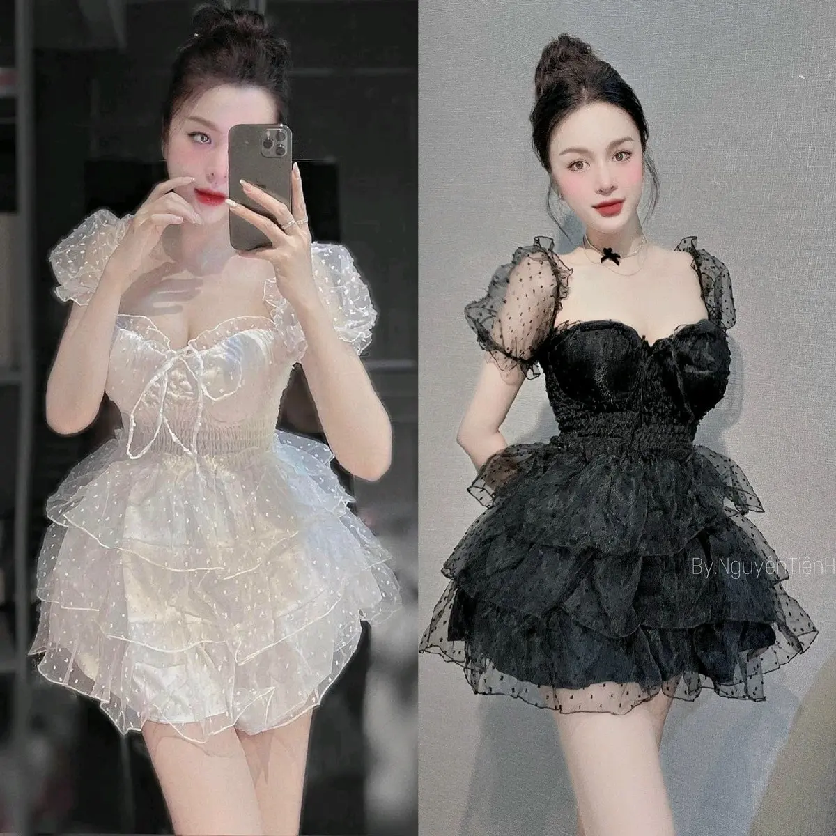 Đầm voan bi tầng tay phồng tiểu thư Đen, Trắng đi chơi, đi tiệc Nữ Women Dress Top vay du tiec cuoi Voi