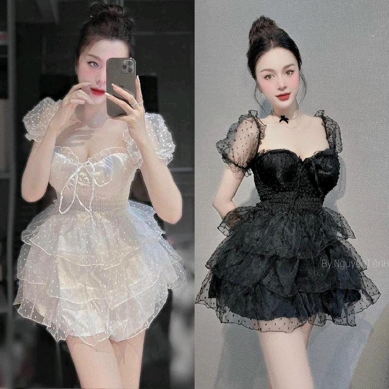 Đầm voan bi tầng tay phồng tiểu thư màu Đen Trắng đi chơi đi tiệc Nữ Women Dress Top đầm đẹp giá rẻ