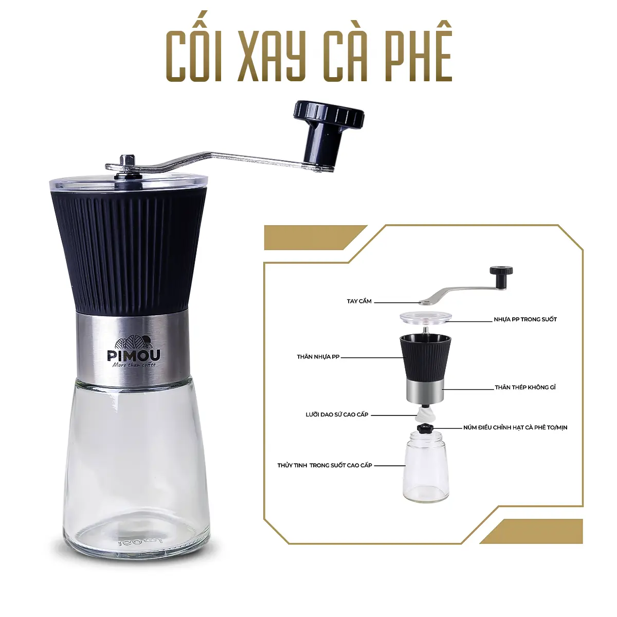 Cối Xay Cà Phê Bằng Tay PIMOU COFFEE Loại 1 - Dung Tích 30g - ABS + Thủy Tinh - Trọng Lượng 400g