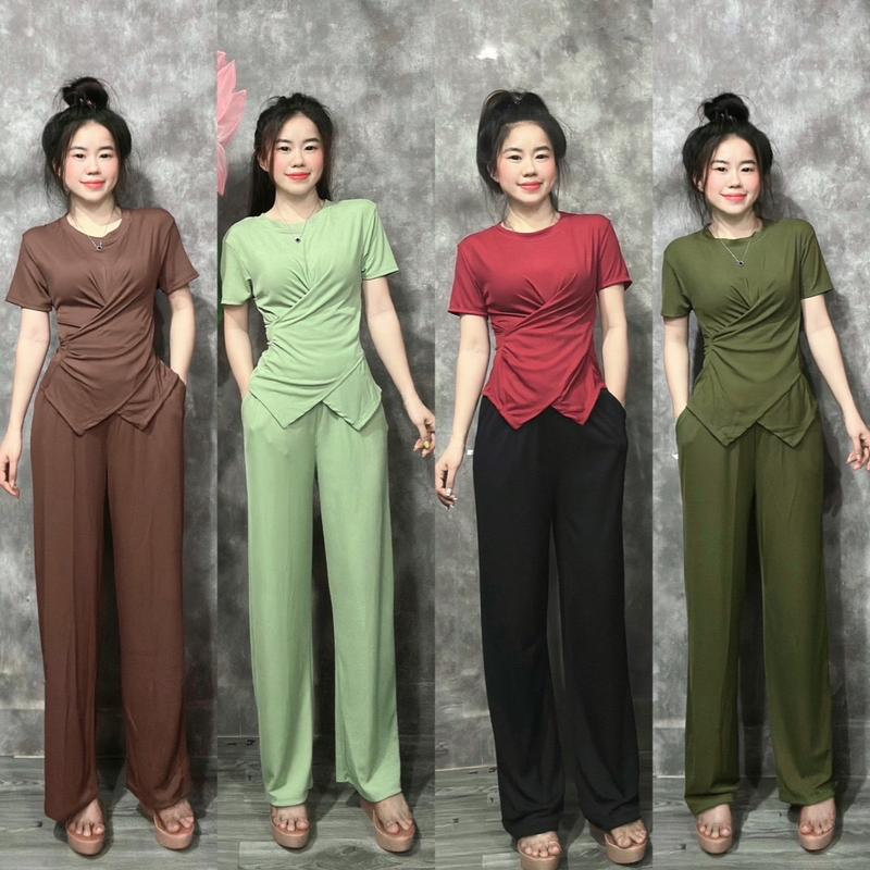 Sét Bộ Thời Trang Tà Chéo Xoắn Eo Che Khuyết Điểm Phối Quần Ống Suông Lưng Cao Chất Tăm Lạnh Mát Mẻ Women Nữ Top Voi Đen Nhung Áo Ong Thun