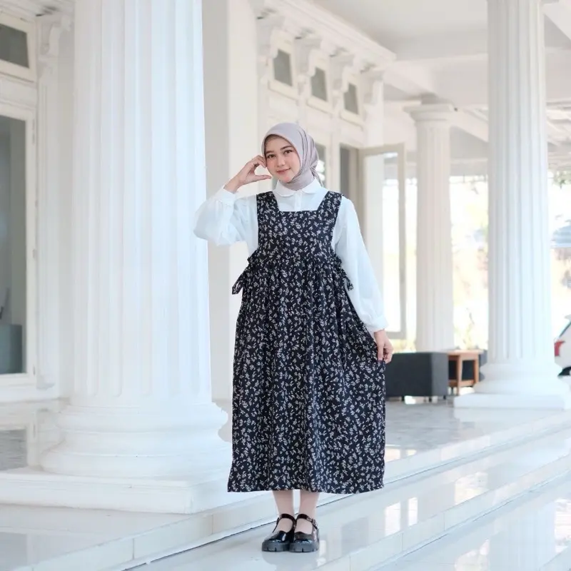 SETALAN OVERAL DRESS MOTIF FLORAL/SET 2IN1 OVERAL DRES/HIMARI MIDI DRES SATU SET/SETELAN DRES DAN KEMEJA LENGAN BALON Panjang Cantik Wanita Casual Nyaman 4