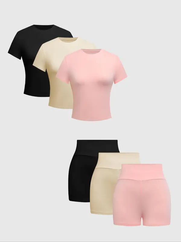 Women's Solid Round Neck Tee & Skinny Shorts Set, Casual Short Sleeve T-shirt & Short Leggings, Ladies Summer Clothes, Matching Set 6