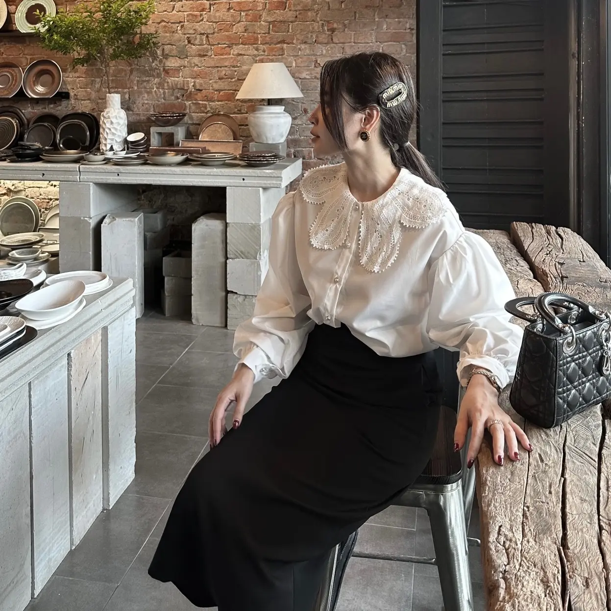 LIIN VN Áo Sơ Mi Thiết kế cổ ren hoa Liin