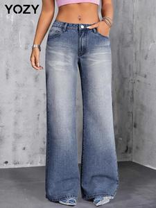 YOZY Denim-Effect Print Pants Casual Comfy High Waist Pocket Button Front Wide Leg Trousers, 2024 Back To School Women's Bottoms Wear for All Seasons
