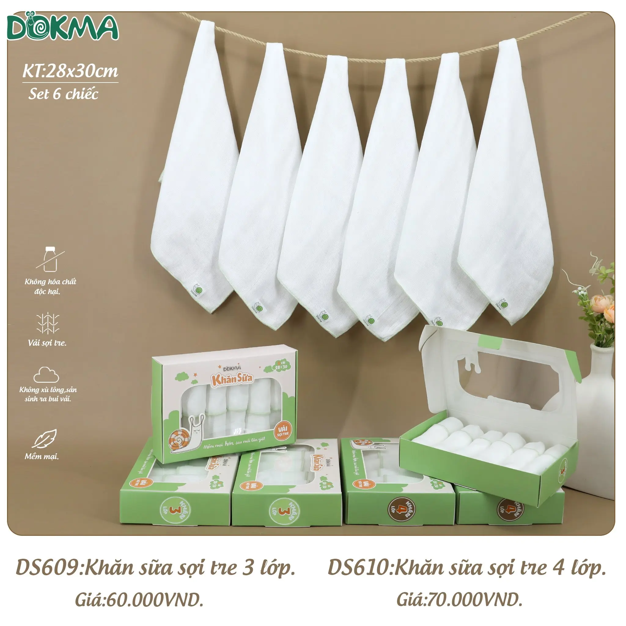 Khăn Sữa DOKMA Sợi Tre, Kháng Khuẩn 3 Lớp, 4 Lớp, Khăn Muslin 2 lớp, Khăn Xô DS609, DS610, DS616  Thân thiện với làn da Towels & Shower Caps
