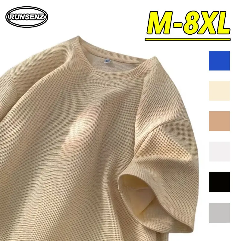 M-8XL Korean Basic Waffle Oversize Top Men Casual Loose Plain Short Sleeve Plus Size T Shirt