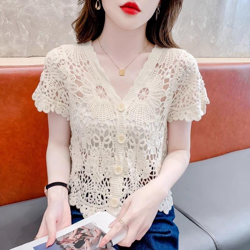 Áo Thun Ngắn Tay Dệt Kim, Trang Phục Mùa Hè, Thiết Kế khoét Dành Cho Nữ, Hàng Mới Về 2024, Làm Bằng Lụa Lạnh Áo Len, Phong Cách Phương Tây, Thiết Kế Độc Đáo Sang Trọng Áo Ngắn 2