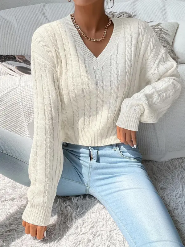 Women's Basic Thin Textured V Neck Cable Knit Sweater, Lady Minimalist Casual Comfort Drop Shoulder Long Sleeve Knitting Jumper, Cozy-chic Women's Pullover Knitwear Top for Womenswear Fall & Winter,  Jumpers for Women 0