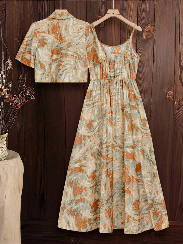 Two-Piece Set Women's All Over Print Crop Top & Colorblock Print Skirt, Casual Fashion Cozy for Daily Outdoor Wear, Women Clothes for Fall & Winter, Suits 1