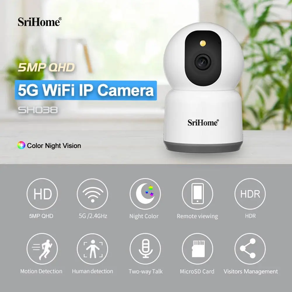 Camera 5MP Srihome Siêu Nét - Góc Rộng - Đàm Thoại 2 Chiều - Có Màu Ban Đêm Led Chụp Ảnh