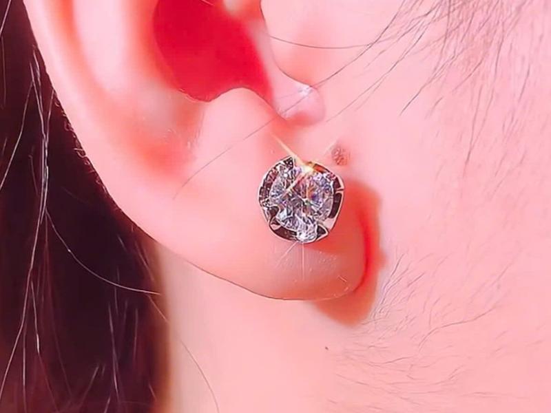 Bông Nụ Chốt Đẩy Đá Moissanite Siêu Xinh Bạc Ý bông tai Khuyên tai