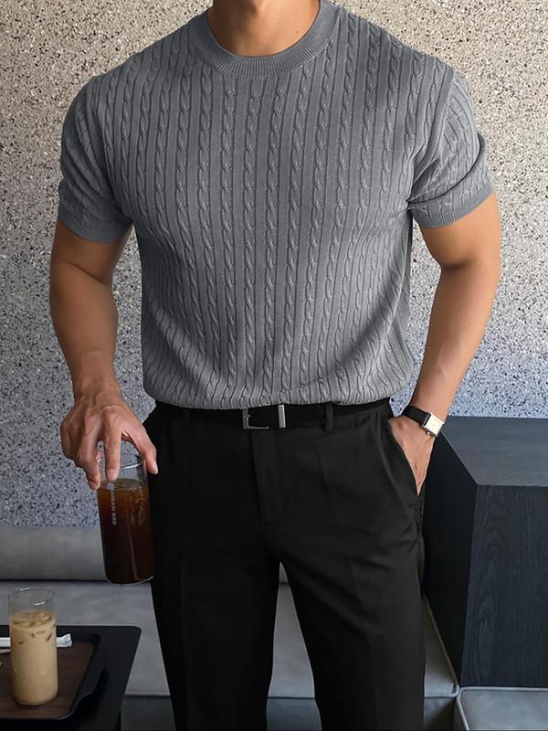 Men's Slim Textured Round Neck Cable Knit Top, Casual Short Sleeve Knitwear for Summer, Menswear for Daily Wear 3