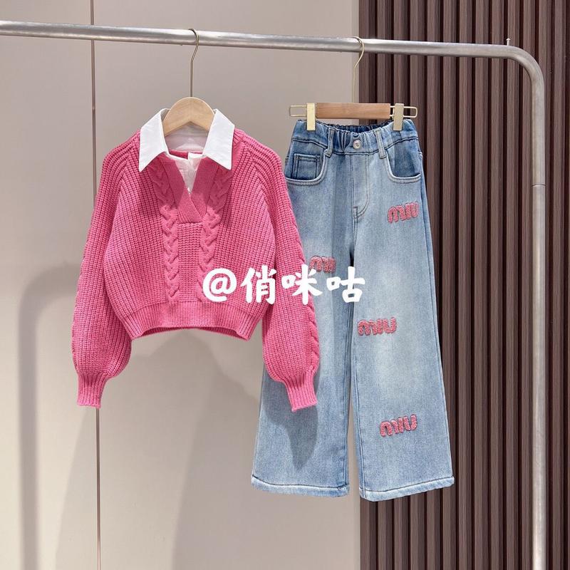 Dễ Phối Đồ Thường Ngày Cho Bé Gái, Thích Hợp Cho Mùa Thu Và Mùa Đông, Quần Áo Mùa Xuân Và Mùa Thu, Áo Len Dệt Kim, Bộ Hai Mảnh Giả, Quần Jean Ống Rộng Phong Cách Phương Tây, Thời Trang Mới, Quần Áo Trẻ Em