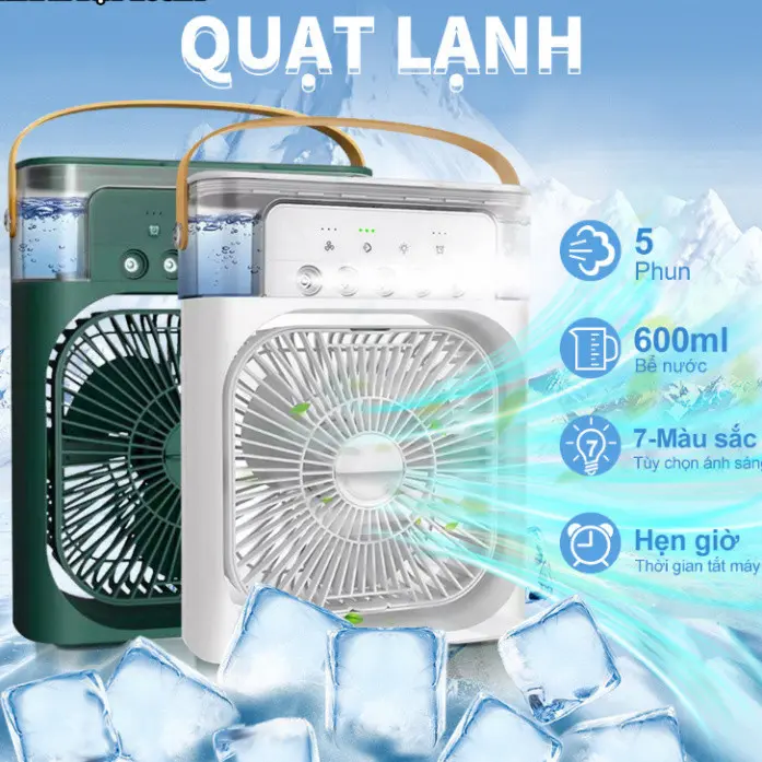 Quạt điều hòa hơi nước phun sương mini để bàn dung tích 600ML 5 vòi phun 3 chế độ có cổng sạc USB