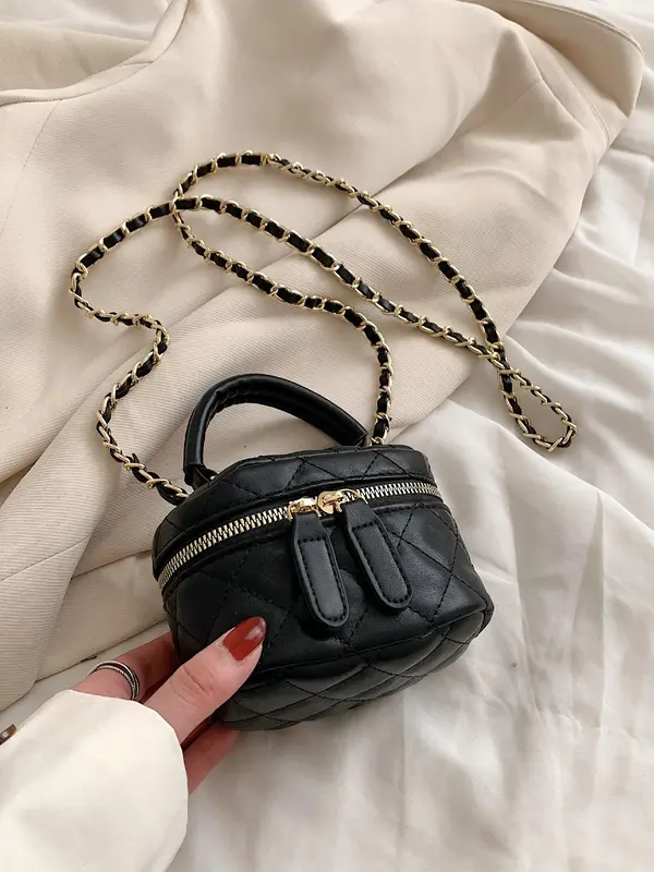Fashion Quilted Embroidered Handbag, Plain PU Leather Zipper Crossbody Bag with Chain Strap, Bucket Bag for Work Travel 8