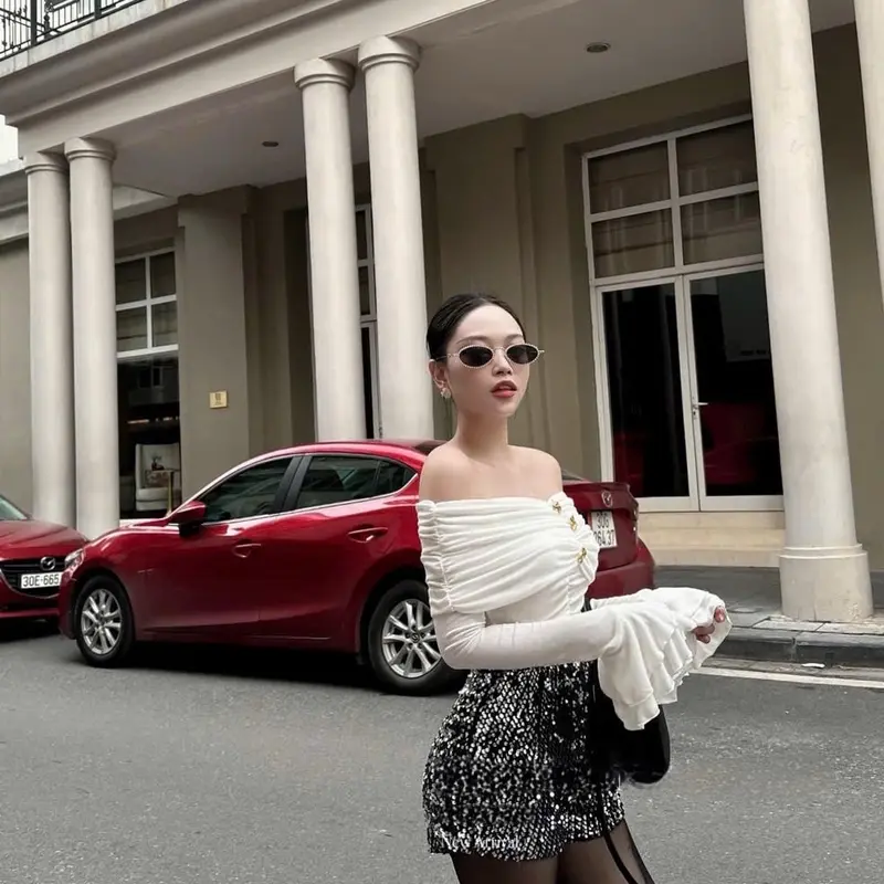 Sét nữ sang chảnh - Sét áo trễ vai cúc vàng quần kim sa bling full màu 1451 CN Women 4