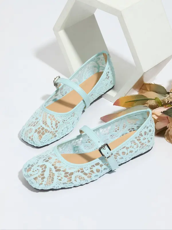 Women's Fashionable Lace Mary Jane Shoes, Casual Comfortable Breathable Flat Shoes for Summer, Female All-match Shoes for Daily Wear, Girl 2