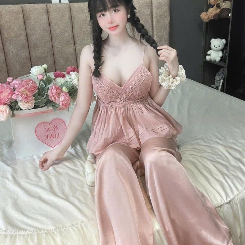 A28- Sét áo 2 dây quần dài đũi tơ mềm tiểu thư cho nữ- Bộ ngủ bánh bèo hàng quảng châu cao cấp Women