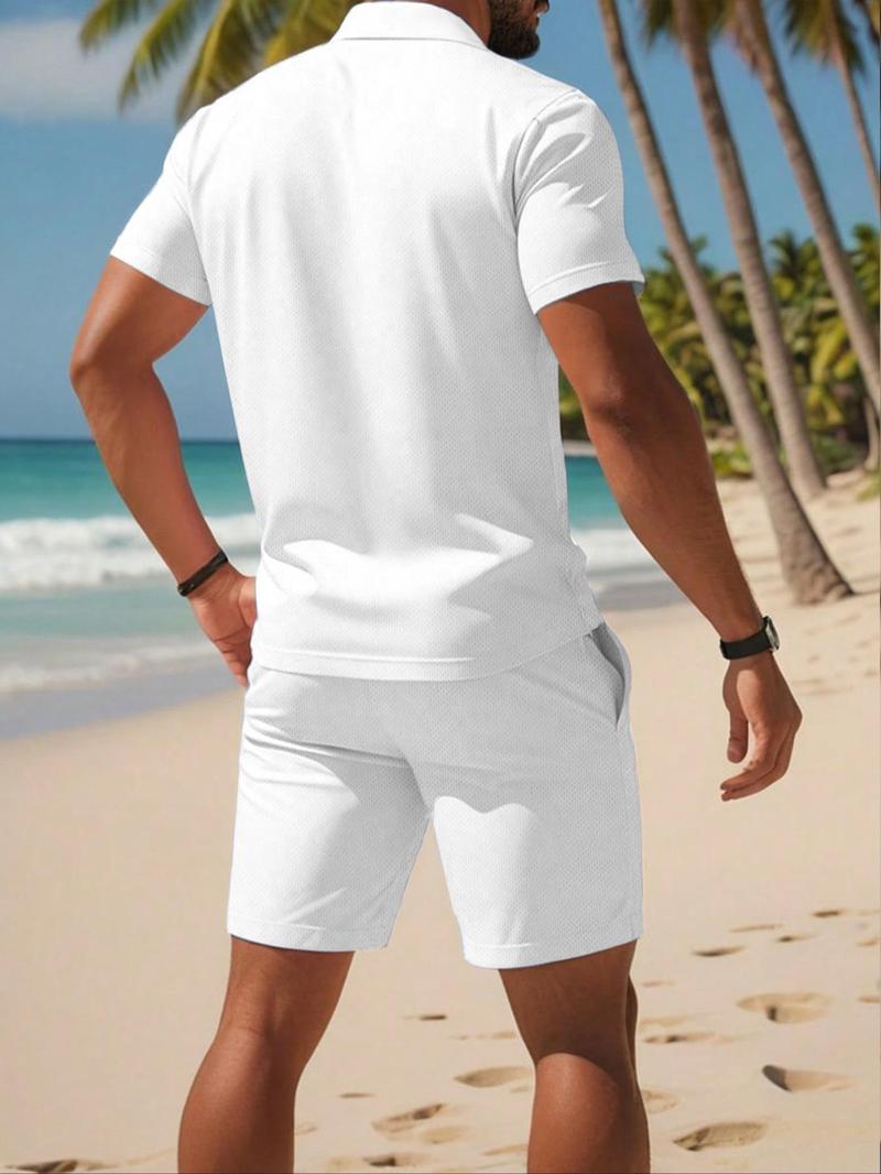 Product Introduction of Men's Letter & Geometric Print Polo Shirt & Shorts Set, Regular Fit Casual Short Sleeve Top & Track Shorts, Men Summer Set for Outdoor 2