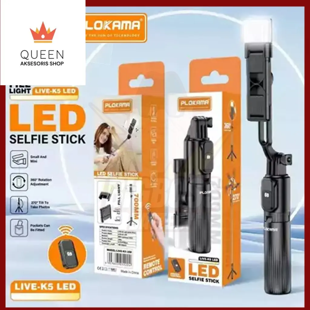 Tongsis Bluetooth Tripod 3 in 1 Selfie Stick Plokama Mini selfie stick K5 LED mini Tongsis Portable Remote dan Lampu Sorot Original Ready Jakarta