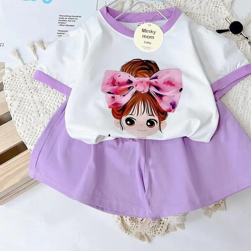 xinh gai Bộ cộc tay in hình BÚP BÊ Cô gái dễ thương cho bé gái .đồ mùa hè cho bé .vải cotton set chobe 3