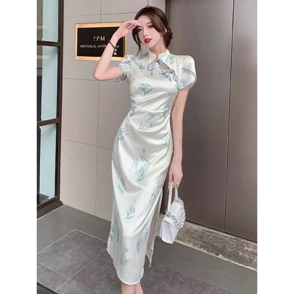 Quần Áo Nữ, Phong Cách Trung Quốc Mới, Sườn Xám Cải Tiến, Váy Cao Cấp, Thanh Lịch, Quý Cô Xã Hội, Váy Hoa Cao Cấp Thanh Lịch, Thích Hợp Cho Mùa Hè