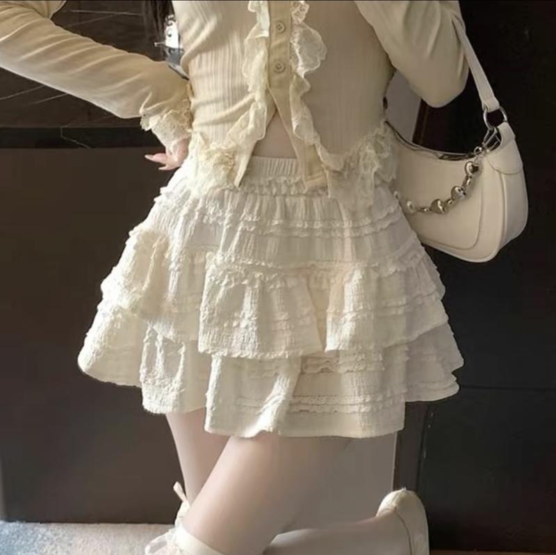 Chân váy bèo 2 tầng kiểu viền ren xinh xắn cho nữ Women Kem Voi
