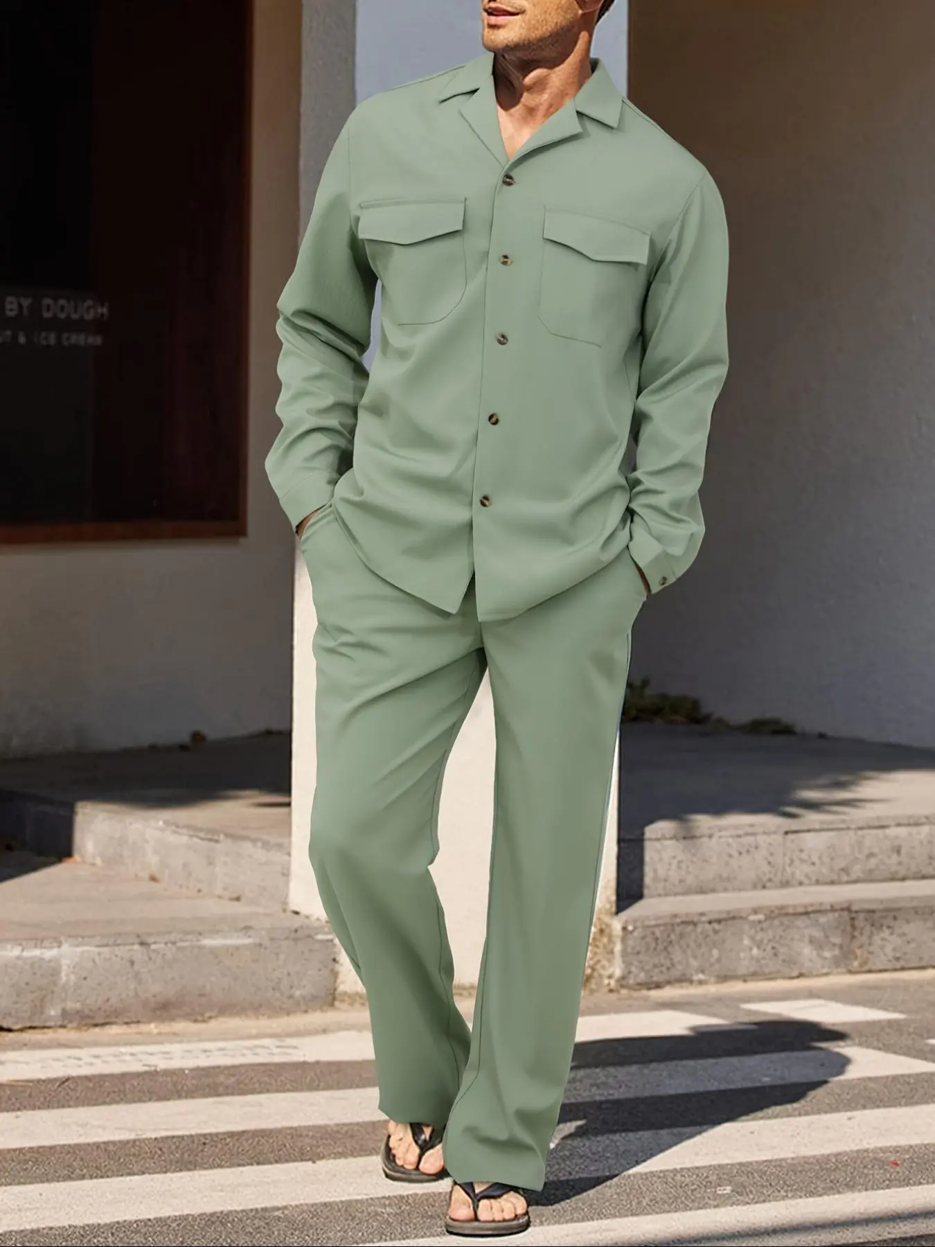 Two-Piece Set Men's Solid Button Front Shirt & Drawstring Waist Pants, Regular Fit Casual Long Sleeve Collared Top & Pocket Trousers for Spring & Fall, Men's Two-piece Outfits for Daily Wear