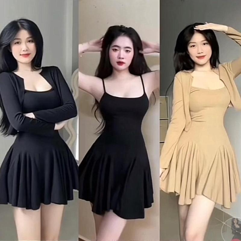 ￼Sét váy 2 dây xoè + áo khoác ngoài siêu đẹp Bộ nữ hai dây kèm khoác váy ngắn hai dây ôm body sexy quyến rũ