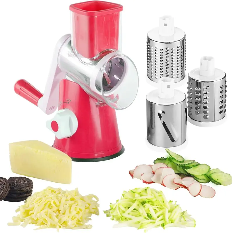 Manual Rotating Cheese Grater, 1 Count Hand Crank Cheese Chocolate Grater with 3 Interchangeable Blades, Kitchen Utensils & Gadgets for Home Dining Room Barbecue, Kitchenware 6