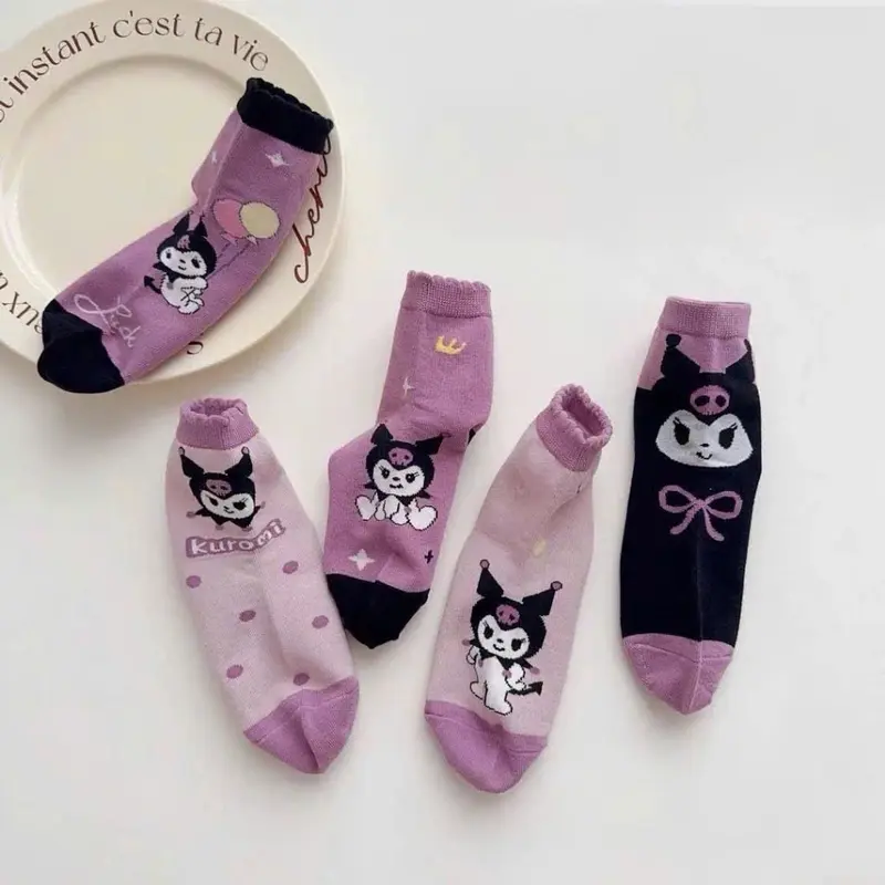 Set 5 Đôi Tất Cao Cổ Cho Bé Gái Họa Tiết Kuromi Tím Đậm Mẫu Mới Phong Cách Nhật Siêu Hot Te33 5