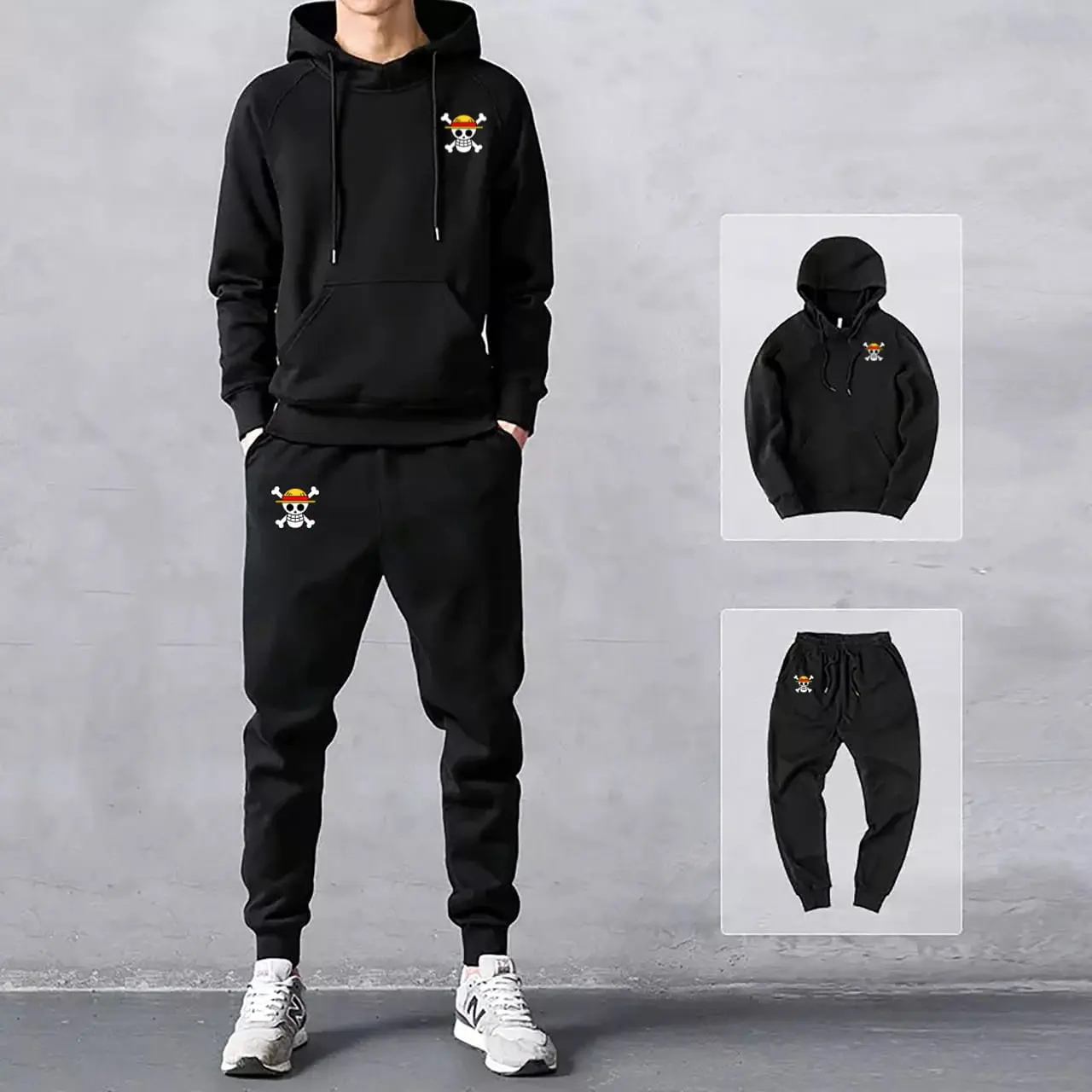 setelan luff  satu set hoodie dan jogger  bahan flecee tebal Katun Lengan panjang Atasan Celana Dewasa Wanita Hitam Sweater Polos