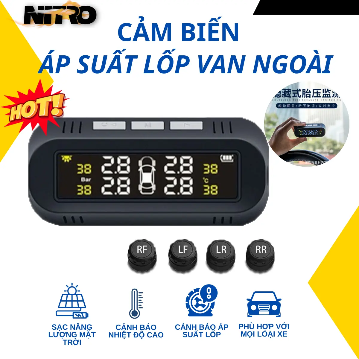 Cảm biến áp suất lốp ô tô xe hơi van gắn ngoài gắn kính, Pin sạc năng lượng mặt trời, màn hình LCD, Bảo hành 1 năm lỗi 1 đổi 1