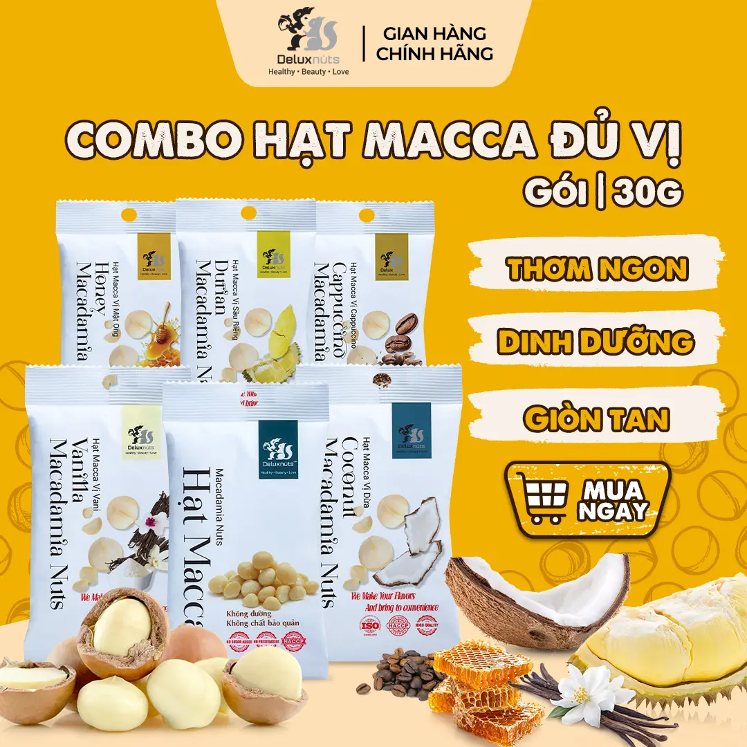 Gói Hạt Macca Vị Cappuccino, Mật Ong, Sầu Riêng, Vanilla, Dừa 30g Deluxnuts | Hạt Dinh Dưỡng, Snack Ăn Vặt (Gói 30g)