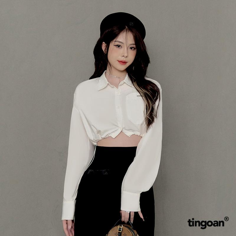 TINGOAN - Áo sơ mi crop trắng dài tay chun viền bo gấu áo YOON SHIRT/WH