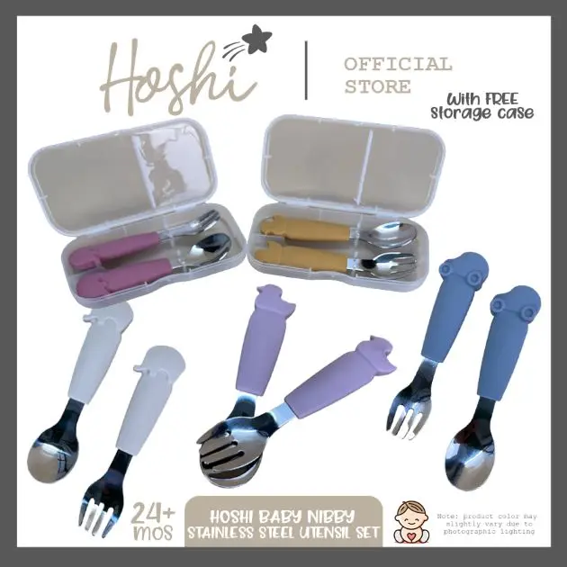 Hoshi Baby Nibby Stainless Steel Toddler Spoon and Fork with Storage Case, BPA Free, 24Mos+