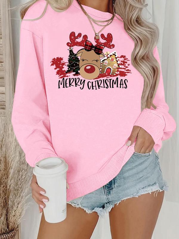 Women's Christmas Reindeer & House Print Drop Shoulder Sweatshirt, Casual Long Sleeve Round Neck Pullover for Daily Wear, Ladies Fall & Winter Clothes 4