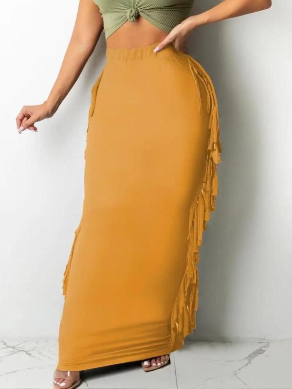 Women's Fringe Trim High Waist Pencil Skirt, Elegant Comfortable Fabric Solid Color Skirt for Party Evening Formal Occasions, Ladies Summer Clothing, Womenswear 8