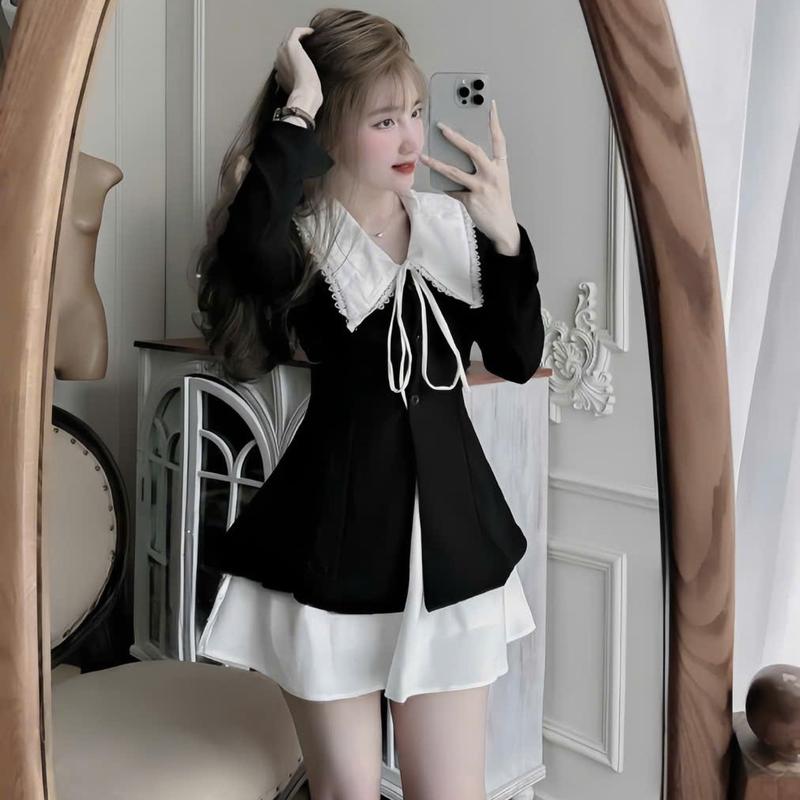 Set váy nữ áo nhung dài tay thiết kế cổ bẽ phối ren thắt nơ mix chân váy cotton lạnh form ngắn xinh xắn dành cho nàng di chơi. Women Top 4